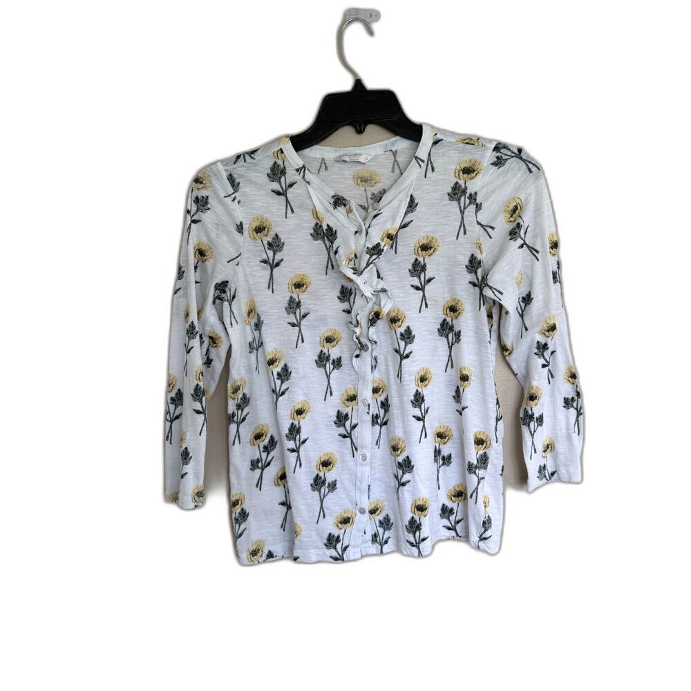 Lucky Brand Yellow Poppy Floral Ruffle Button Up Top Small